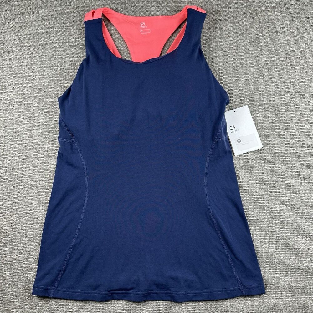 Womens NWT GapFit Built In Shelf Bra Tank Top Navy Blue Coral Pink Racerback M